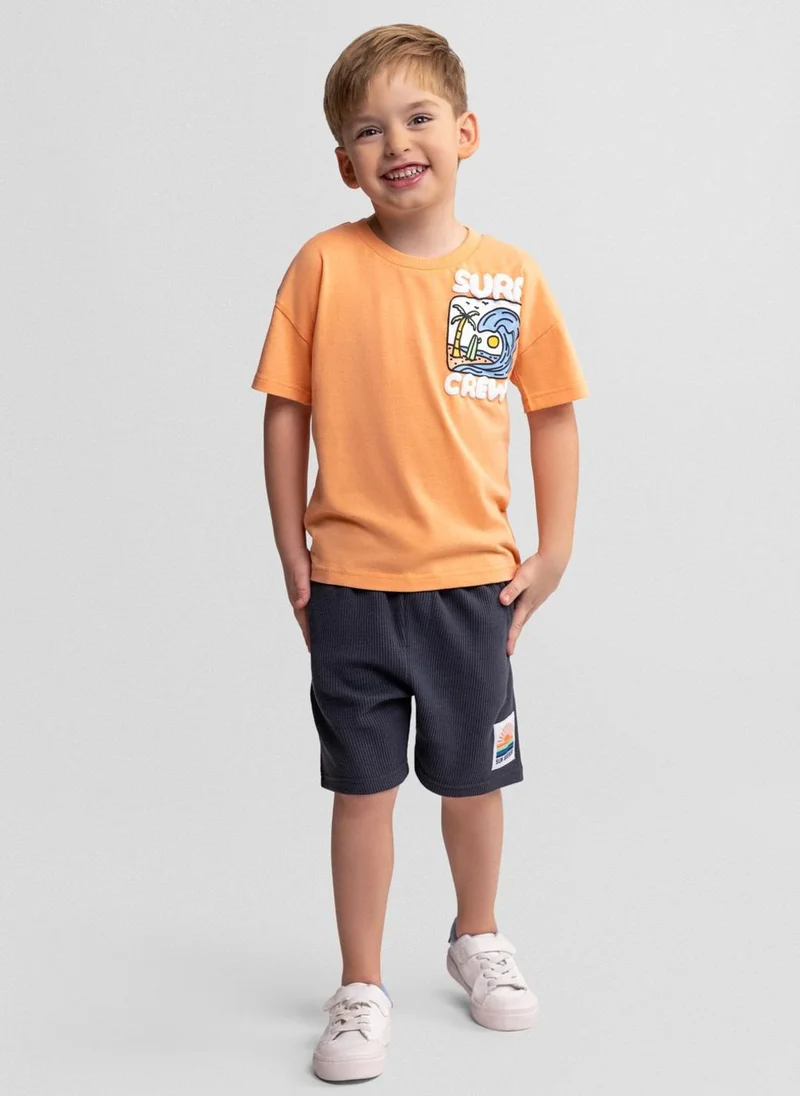 MINOTI Boys cotton t-shirt and waffle shorts set apricot and gunmetal